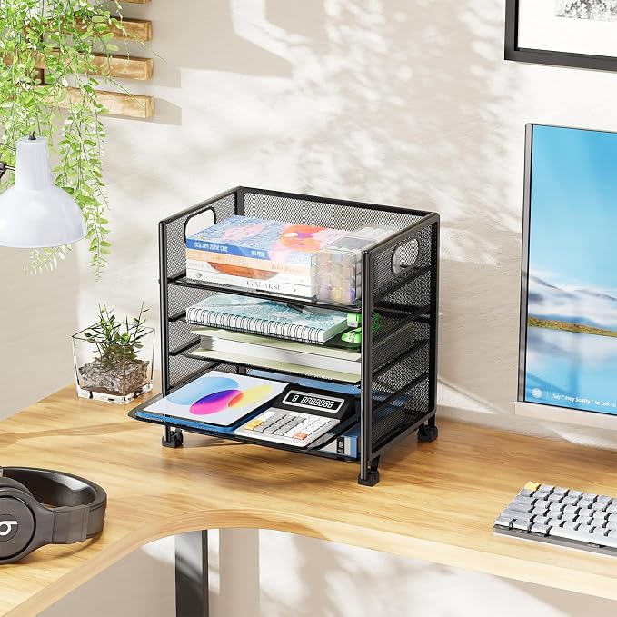 Simple Trending 5-Tier Paper Tray Organizer, File Organizer for Desk, Black | Letter Tray Holder with Handle. Sturdy Metal Frame. Non-slip Feet. Black for Office Home School. 13.25"L x 9.25"W x 13"H