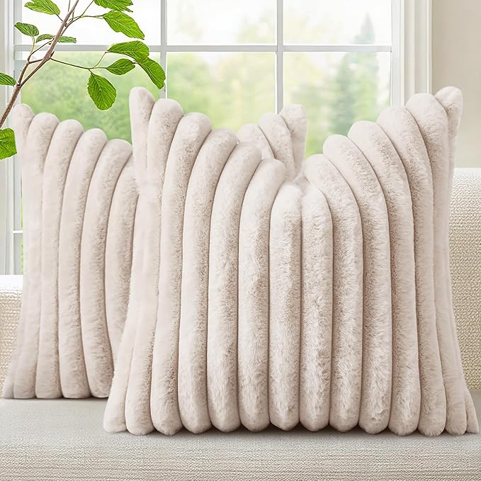 decorUhome Fall Faux Fur Throw Pillow Covers 20x20 Set of 2 Beige | Decorative Soft Cozy Striped Plush Modern Farmhouse Boho Couch Pillow Cases Velvet Back for Sofa Bed Living Room Home Decor