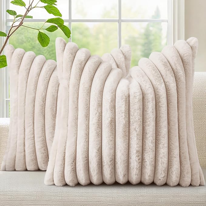 decorUhome Fall Faux Fur Throw Pillow Covers 24x24 Set of 2 Beige | Decorative Soft Cozy Striped Plush Modern Farmhouse Boho Couch Pillow Cases Velvet Back for Sofa Bed Living Room Home Decor
