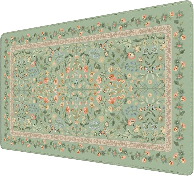iCasso Aesthetic Flower Mouse Pad,23.6x13.7in Desk Pad, Light Green | Desk Matt for Desktop, Anti-Slip Mousepad with Stitched Edges for Laptop Computer Keyboard