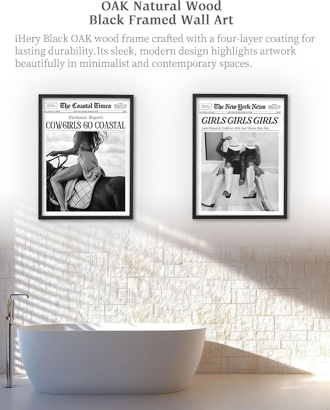 iHery 8x10in Cowgirls Go Coastal Framed Newspaper Wall Art | Premium Black Natural OAK Wood Frame with Canvas Print, Western Horseback Decor for Bedroom, Dorm, Living Room 1Pack