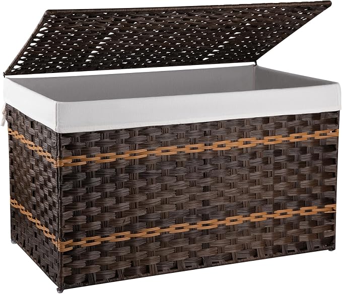 OIAHOMY Storage Basket with Lid, 42.3 Gallon (160L) Blanket Basket with Removable Liner Bag, Synthetic Wicker Hamper with Handle, Hamper for Living Room, Brown