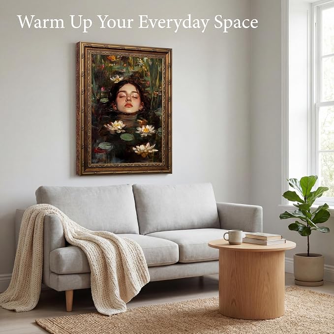 Vintage Gold Framed Gothic Wall Art, Ophelia Inspired Woman Portrait Print | Dark Academia Romantic Victorian Oil Painting Canvas Print Picture Wall Decor for Living Room Bedroom Office, 16x24 Inch