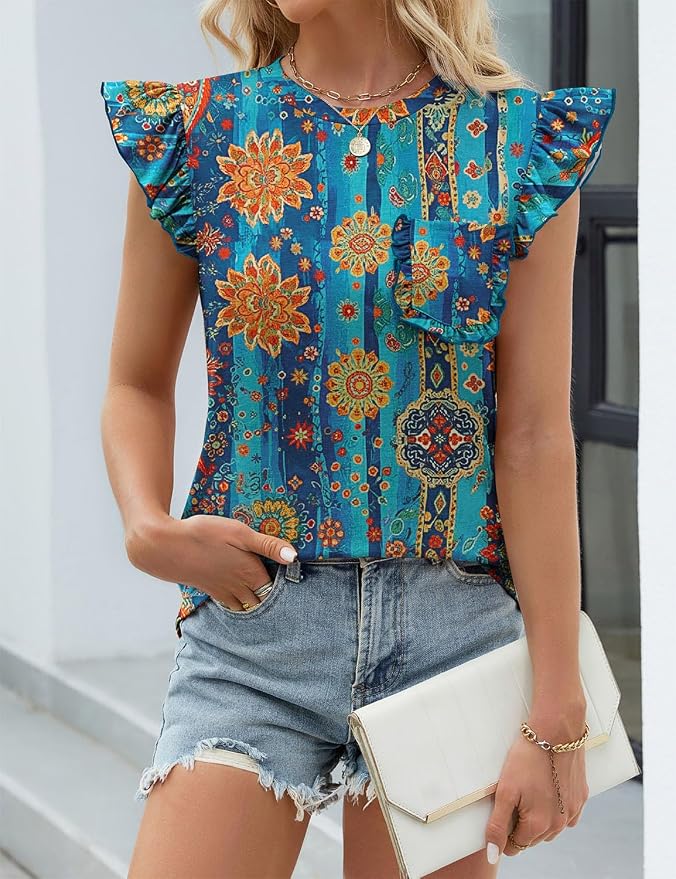 JUSTFASHIONNOW Womens Summer Tops Striped T-Shirts 2026 Ruffle Short Sleeve Crew Neck Casual Blouses with Pocket