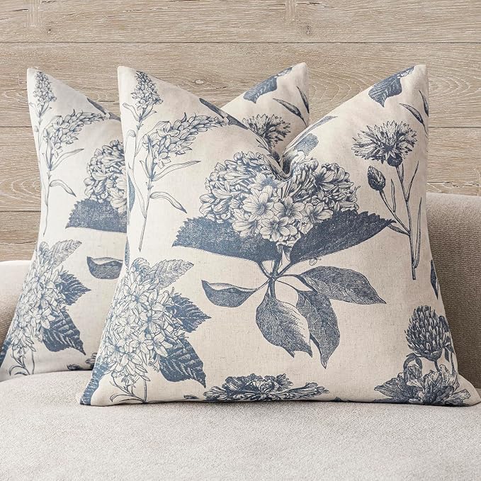 Foindtower Set of 2 Linen Floral Vintage Throw Pillow Covers Neutral Accent Print Decorative Cushion Covers Farmhouse Boho Home Decor for Sofa Chair Couch Bedroom Living Room,22×22 Inch,Blue