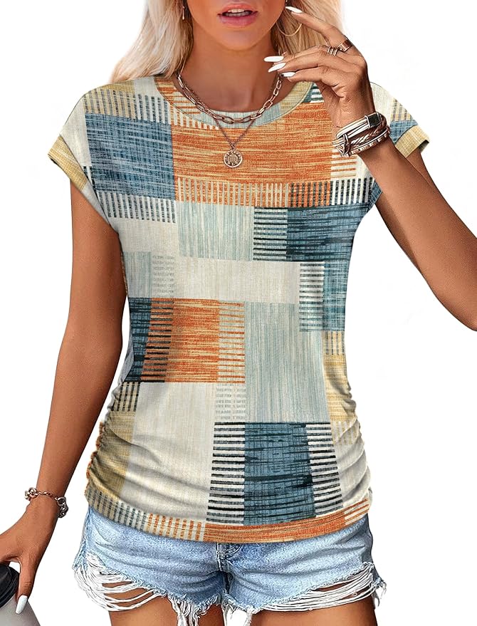 Sampeel Womens Summer Tops Trendy 2026 Ruched Cap Short Sleeve Tshirts Shirts Crew Neck T Shirts Fashion