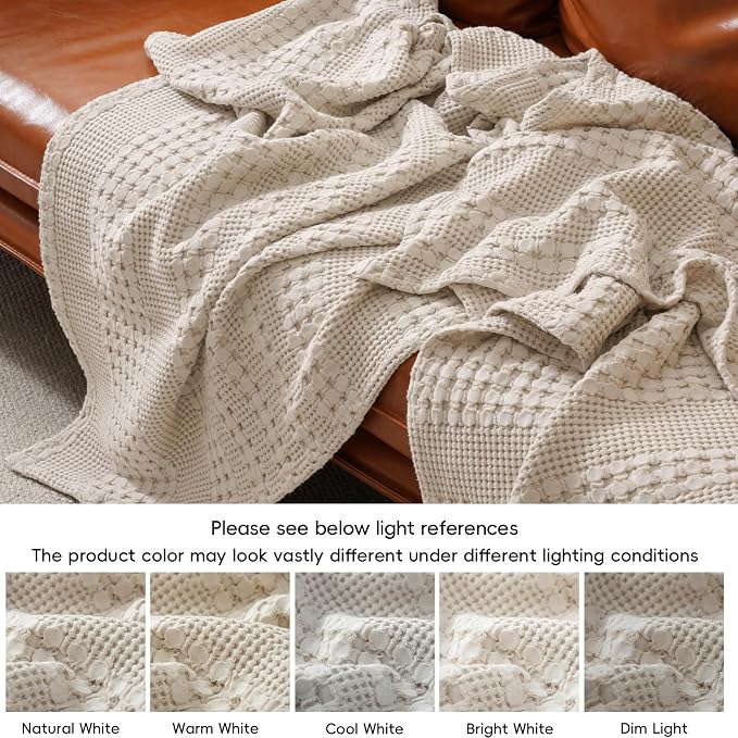 PHF 100% Cotton Waffle Weave Blanket Queen Size, Lightweight Breathable Summer Blanket for Hot Sleepers, Pre-Washed Soft Layer for Bed, Couch, Aesthetic Home Decor & Gift, 90"x90", Light Taupe/Oatmeal