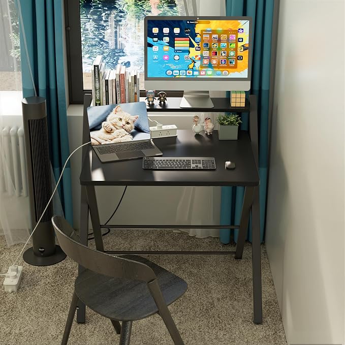 GreenForest Folding Desk No Assembly, Sturdy Computer Desk for Small Spaces | Portable Foldable Table for Laptop, 2-Tier Compact with Shelf, Space Saving for Home Office, Dorm, Apartment 24.5"x 30" Black