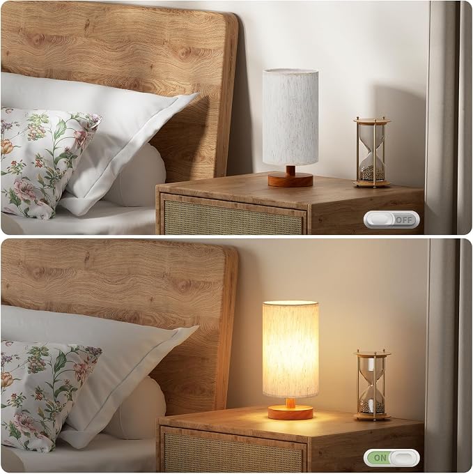 Fenmzee Small Table Lamps (Cream Shade - Walnut Base, 9" Inline Control) | 3000K LED Blub Included | 680 Lumens | Easy Assembly | Minimalist Design | E26 | for Kitchen | for Kids Room