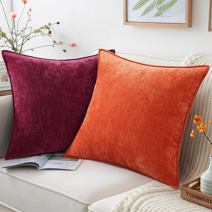 decorUhome Chenille Rhododendron Throw Pillow Covers 18x18 Set of 2 | Fall Soft Couch Decorative Modern Velvet Pillow Cases with Elegant Design for Sofa Bed Living Room Home Decor