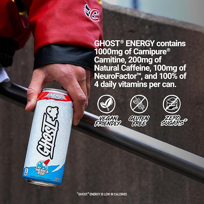 GHOST Energy Drink - 12-Pack, 'Merica Pop, 16oz Cans - Energy & Focus & No Artificial Colors - 200mg of Natural Caffeine, L-Carnitine & Taurine - Gluten-Free & Vegan