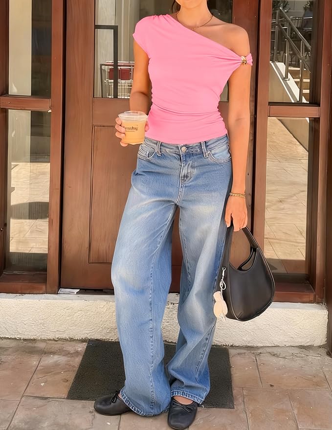 ZESICA Women's 2026 Summer Off Shoulder Tops Going Out Sexy Y2k Shirts Spring Cap Sleeve Ruched Asymmetrical Blouses