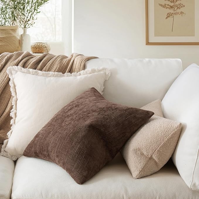 MIULEE Textured Chenille Throw Pillow Covers 22x22 Inch Chocolate Brown | Pack of 2 Decorative Soft Throw Pillows, Solid Textured Cushion Covers, Modern Home Decor for Couch Sofa Bedroom Living Room