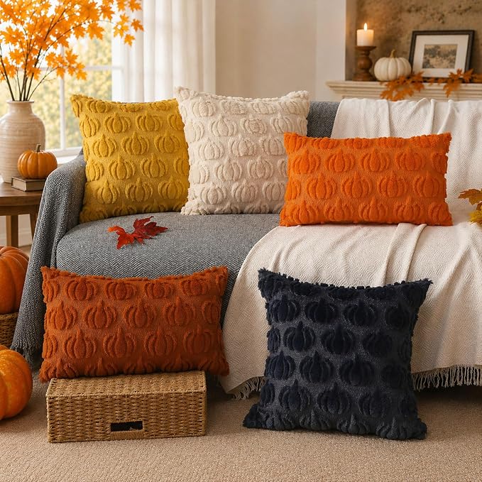 DFXSZ Fall Pillow Covers 22x22 2Pcs Beige Pumpkin Fall Decorations for Home | Fall decor Set of 2 Throw Pillow Cases Soft Plush Faux Fur Wool Couch Cushion for Chair Sofa Bedroom Living Room Home Decor