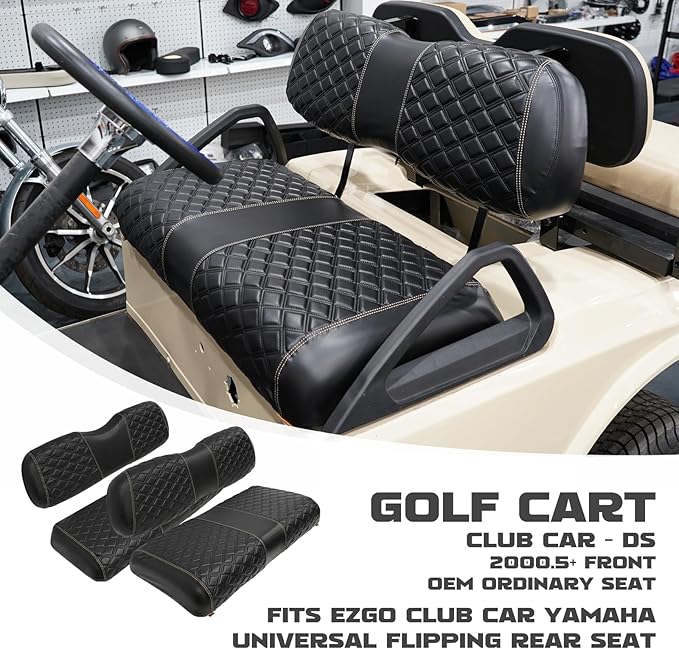Golf Cart Seat Covers Front and Rear Waterproof and Sun Resistant Marine Grade Vinyl Leather Seat Cover Accessories for Club Car DS 2000.5-up, Black(4PCS)