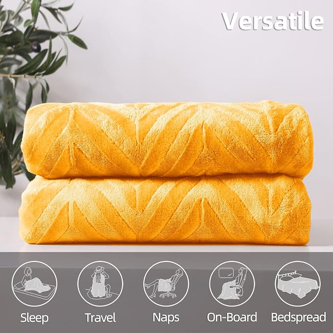 Whale Flotilla Flannel Fleece Fall Bed Blanket Queen Size, Lemon Yellow | Lightweight Breathable Soft Bedspread, Plush Fluffy Coverlet Chevron Design Decorative Blanket for Home Life, 90x90 Inch