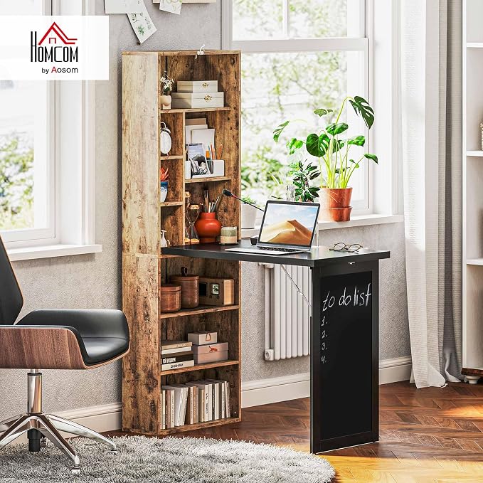 HOMCOM Foldable Desk Wall Mounted Convertible Table, Rustic Brown | Wall Mounted, Space-Saving, Chalkboard, Storage Shelves, for Small Spaces, Home Office, Bedroom, Dorm, Apartment