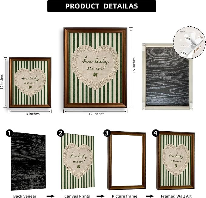 Framed How Lucky Are We Wall Art Vintage Inspirational Quotes Decor Print | Green Striped Lace Heart Aesthetic Painting Poster Trendy Preppy Canvas Picture for Bedroom Collage Ready to Hang 16inx24in