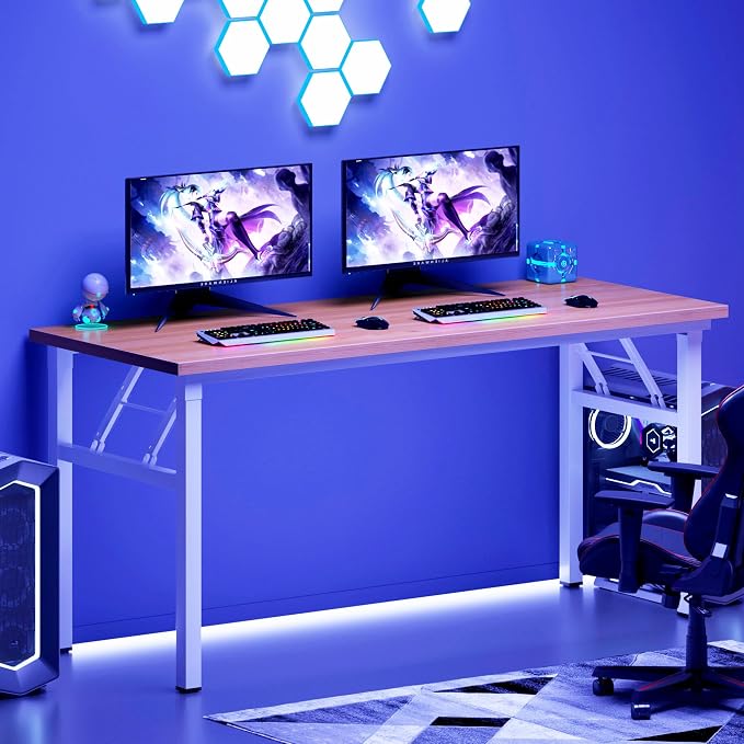 Need Office Computer Desk 54.3 Inch Sturdy Folding Laptop Table Teak | White Frame Writing Gaming Work Table/Foldable Home Office Desk/Sewing Table, No Assembly Required
