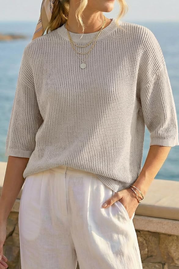 Arach&Cloz Womens Summer 100% Cotton Oversized Crochet Tops 3/4 Length Sleeve Sweater Hollow Out Casual Blouses 2026
