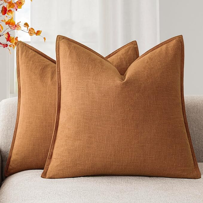 Foindtower Set of 2, Decorative Linen Solid Throw Pillow Covers Soft Accent Euro Cushion Case Boho Farmhouse Pillowcase for Chair Couch Sofa Bedroom Living Room Home Decor 20 x 20 Inch Autumn Orange