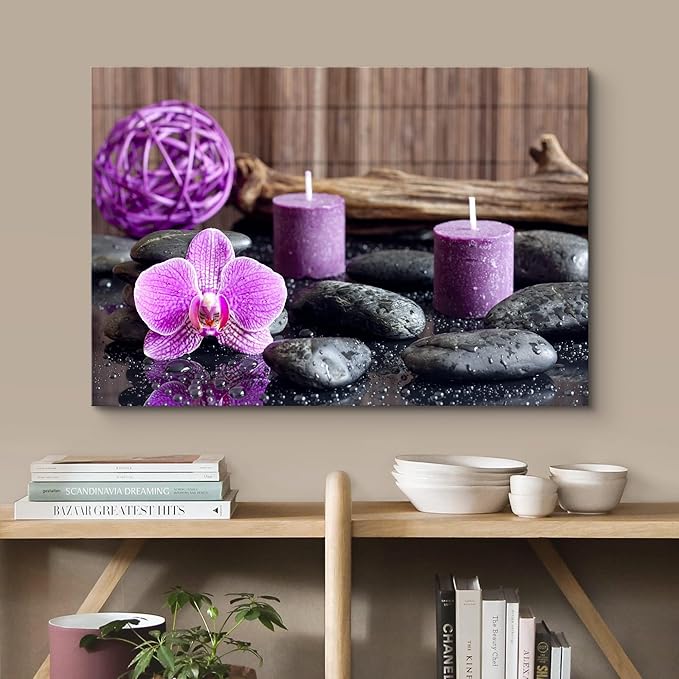 wall26 Canvas Print Wall Art Zen Stones with Purple Orchid and Calming Candles Nature Floral Photography Realism Rustic Colorful Multicolor Ultra for Living Room, Bedroom, Office - 24"x36"