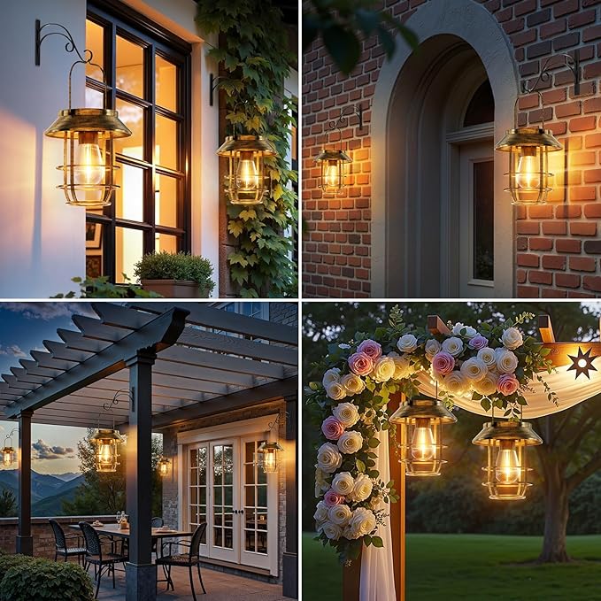 Solar Lanterns Outdoor Waterproof, High Brightness Hanging Solar Lights for Outside with Wall Hooks, Retro Metal Outdoor Lanterns Auto On/Off for Porch, Patio, Yard Decor 4 Pack