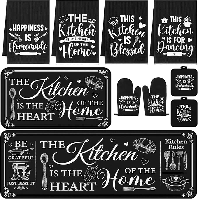 Fourluoo 10 Pcs Farmhouse Kitchen Decor and Accessories Set 4 Kitchen Towels 2 Pot Holders 2 Oven Mitts 2 Rugs for Cooking Baking Mom Housewarming Gifts(Black,Classic Style)