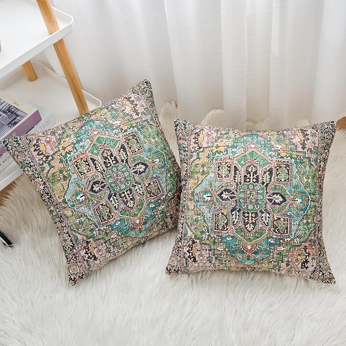 Boho Throw Pillow Covers 16x16 inch Set of 2,Boho Vintage Carpet Pattern Antique Ethnic Decor Double Sided Pattern Cushion Cover Soft Pillow Case Living Sofa Room Bed Square Pillow Cover