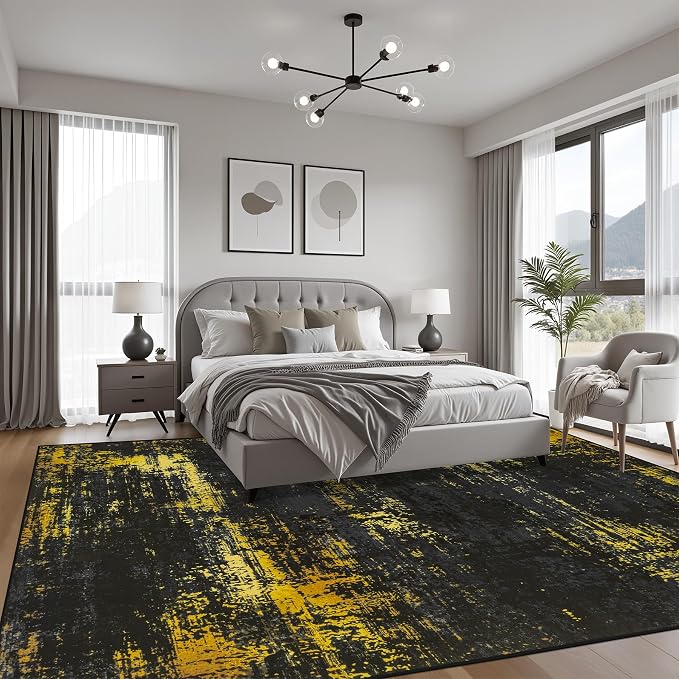 10x14 Area Rug Living Room Rug: Washable Modern Abstract Soft Thin Rug Indoor Floor No Slip Carpet for Bedroom Dining Room Farmhouse Nursery Home Office - Dark Black Gold