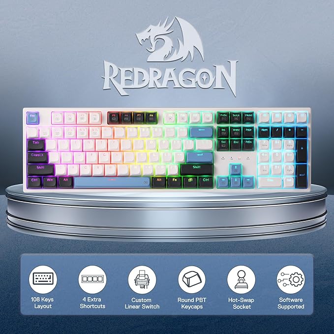 Redragon K668 108-Key Hot-Swap Wired RGB Gaming Keyboard, Extra 4 Hotkeys | Dedicated Shortcut Keys for Mute, Calc & Desktop, Cushioned Noise Dampening for Creamy Thocky Sound, Swap-Ready, PRO Software