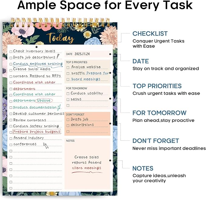Taja To Do List Notepad, Undated Daily Planner for Work and Goal Setting | Floral Symphony, 52 Sheets, 9.8" x 6.5" , for Office, Home and school, Daily Task Planning, Notes and Everyday Organization