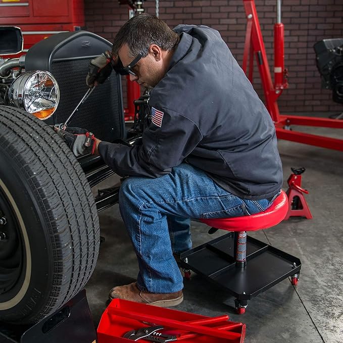 BIG RED TR6350 Torin Rolling Pneumatic Creeper Garage/Shop Seat: Padded Adjustable Mechanic Stool with Tool Tray Storage, Red Large