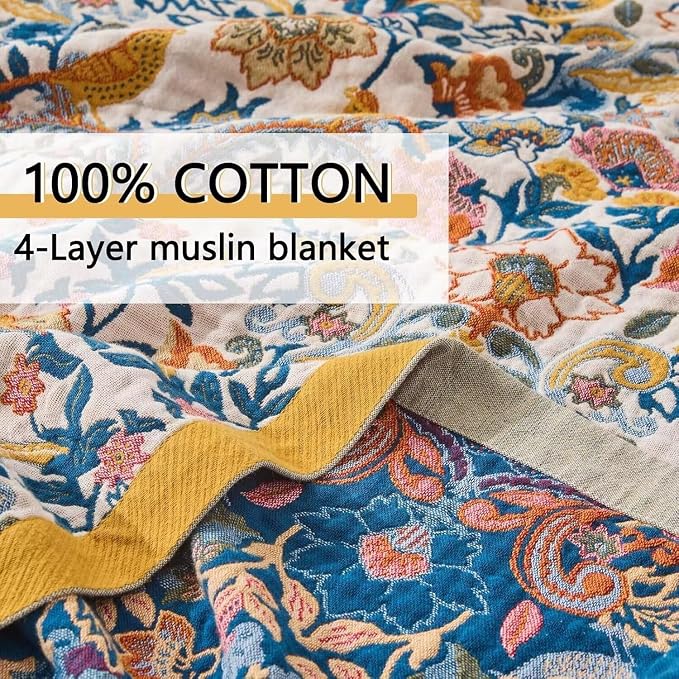 Boho Throw Blanket Farmhouse Decor Throw Blanket Bohemian Blanket for Bed 100% Cotton Muslin Woven Couch Blanket All Seasons Quilt Bedroom (A-Whiite, 50"x60")