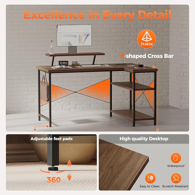 Mericonia 55 in L Shaped Gaming Desk, Large Corner Desk with Monitor Stand | Reversible Computer Desk with Power Outlets, LED Light & Storage Shelves, Office Table for Home Bedroom Study Work Writing