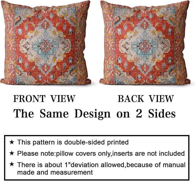 Snycler Boho Throw Pillow Covers 26x26 inch Set of 2 Boho Rug Carpet Double Sided Pattern Cotton Soft Pillow Case Cushion Cover Pillowcase for Couch Sofa Bed Decorative (Orange)