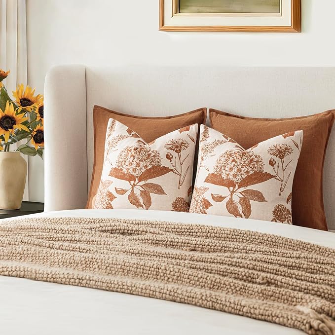 Foindtower Set of 2 Linen Floral Throw Pillow Covers Vintage Accent Print Decorative Cozy Cushion Covers Farmhouse Boho Home Decor for Sofa Chair Couch Bedroom Living Room,18×18 Inch,Autumn Orange