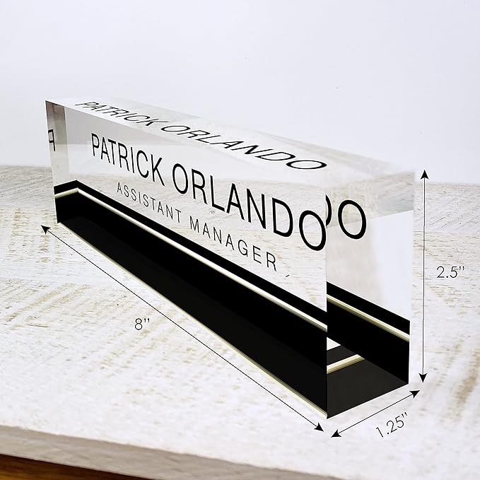Artblox Office Desk Name Plate Personalized | Custom Name Plates for Desks on Acrylic Glass Decor | Office Desk Decor Nameplate | Desk Accessories | Black Stripe - (8" x 2.5")