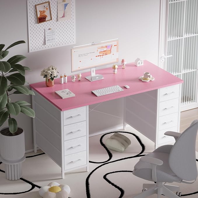 Pamray 47 Inch Computer Desk with 8 Fabric Drawers for Home Office Work | Ample Storage, Space-Saving, Suitable for Home Office Bedrooms Dorm Living Rooms for Study, Writing, Work