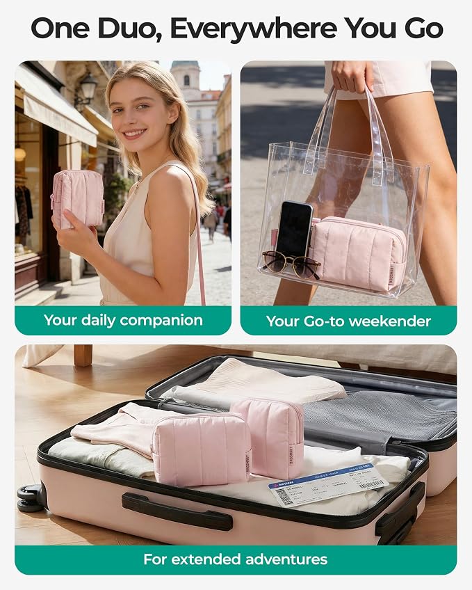 BAGSMART Puffy Travel Makeup Bag Duo Large & Small for Women, Chocolate | Puffy Padded, Travel Cosmetic Organizer with Slip-in Pockets, Large Toiletry Bag & Small Purse Pouch, Travel Essentials