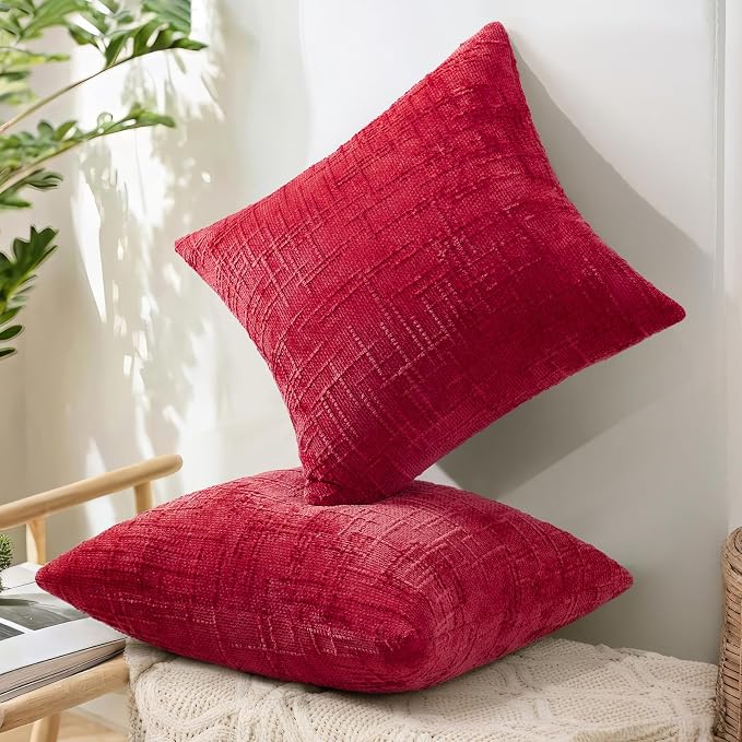 decorUhome Textured Chenille Throw Pillow Covers 24x24 Set of 2 Red | Fall Modern Farmhouse Soft Cozy Slubby Couch Pillow Cases Boho Decorative Pillow Cases for Bed Sofa Living Room Home Decor