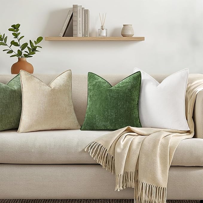 decorUhome Chenille Moss Green Velvet Throw Pillow Covers 16x16 Set of 2 | Fall Soft Couch Decorative Modern Farmhouse Pillow Cases with Elegant Design for Sofa Bed Living Room Home Decor