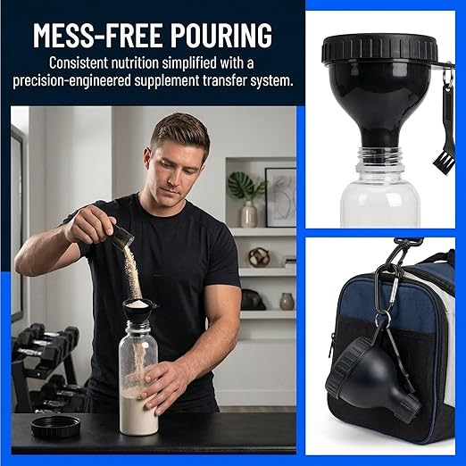 Protein Powder Funnel Set Portable Funnel with Cleaning Brush and Carabiners with Protein Compartment Pill Storage Great for Workout Shaker Bottles Supplement StorageTake to Go