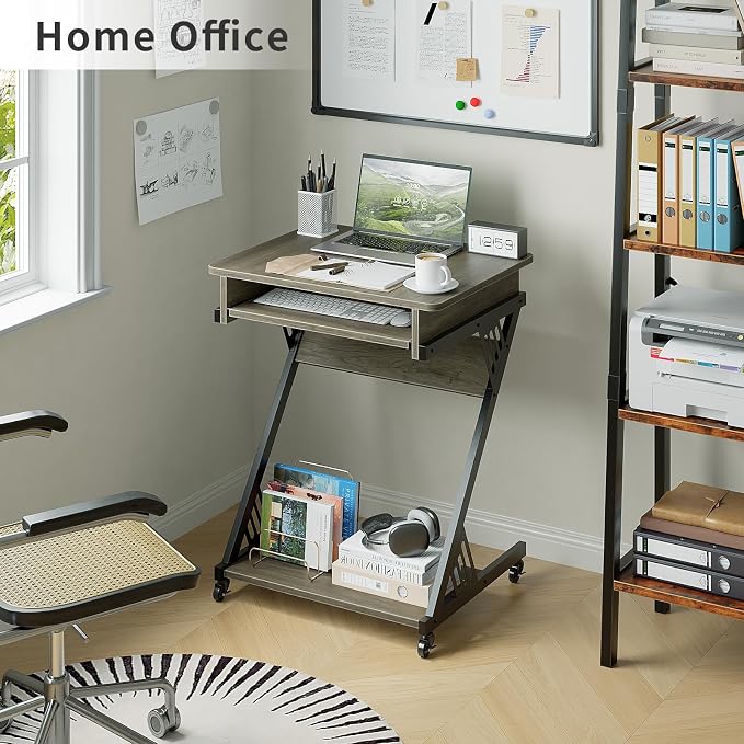 ALISENED Computer Desk for Small Spaces Compact Desk with Keyboard Tray | 23.6" Z-Shaped, with Wheels and Bottom Shelves, for Home Office, Computer Cart Mobile Laptop Cart, Grey