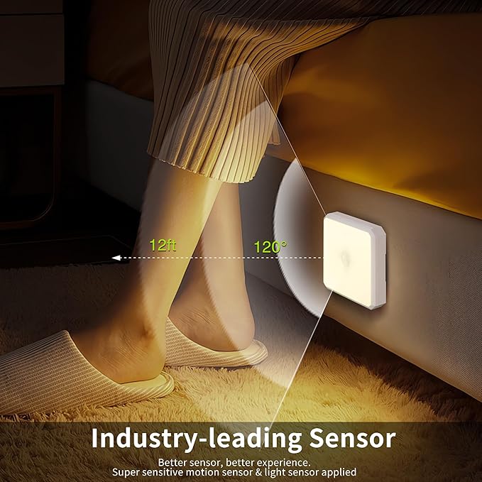 Motion Sensor Night Light Indoor - Cordless Battery Powered Under Cabinet Lighting, Stick-on Magnet LED Closet Lights, Safe Light for Stairs, 4000K Nightlight 3-Pack (Yellow)