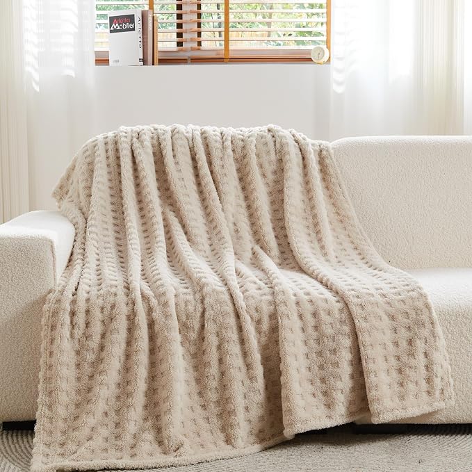 NEWCOSPLAY 3D Waffle Checkered Flannel Queen Blanket, Linen, 90"x90" | Super Soft Cute Lightweight Decorative Premium Silky Fleece Blanket for Couch Sofa Bed, Gift for Women Men, All Season Use