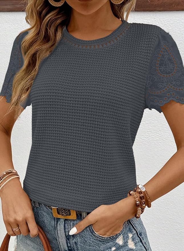 SHEWIN Womens Frenchy Summer Tops Crewneck Short Sleeve T Shirts Casual Waffle Knit Jacquard Blouses Top Shirts