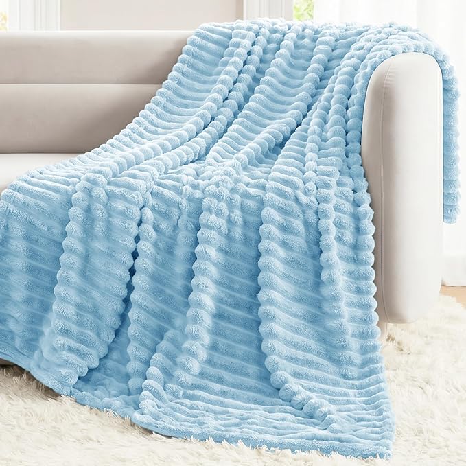 Light Blue Twin Blanket for Bed & Couch, 60 x 80 Inch | 300GSM Ribbed Fleece Blanket, Soft, Cozy & Lightweight, OEKO-TEX Certified, All-Season Use for Travel, Dorm & Home Decor