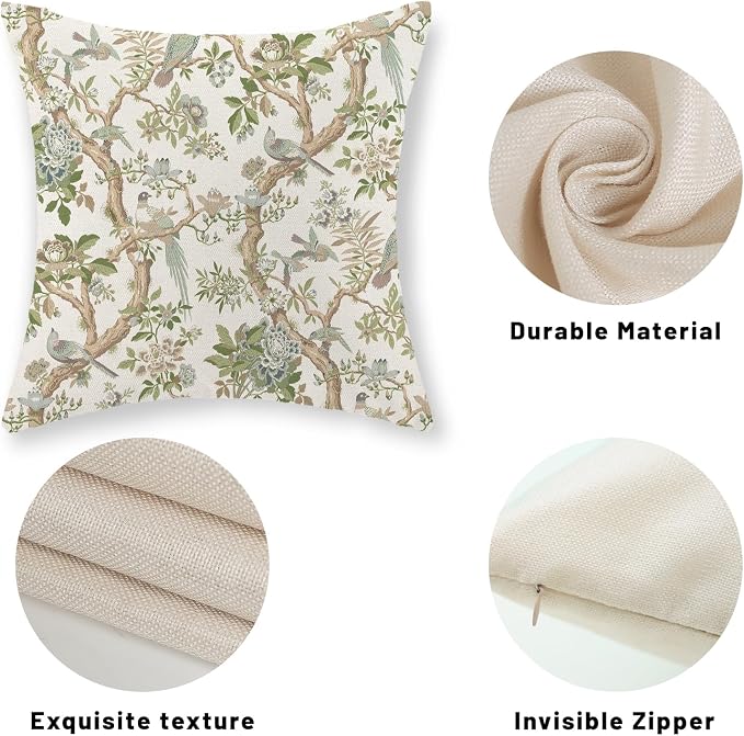Green Floral Bird Pillow Covers 20x20 Set of 2 Chinoiserie Throw Pillows Green Vintage Flowers Bird Decorative Pillow Cases Outdoor Chinoiserie Decor Farmhouse Cushion Case for Couch Sofa
