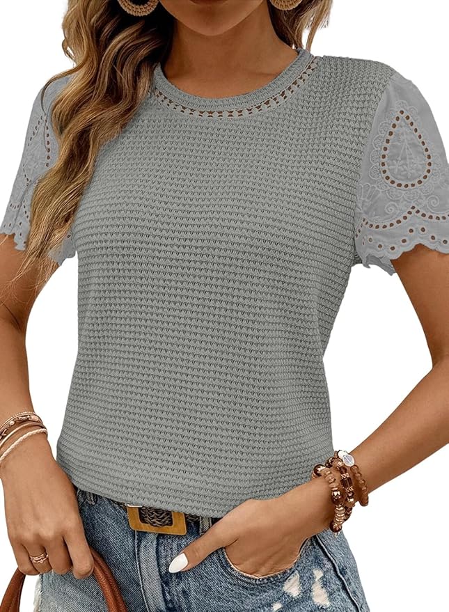 SHEWIN Womens Frenchy Summer Tops Crewneck Short Sleeve T Shirts Casual Waffle Knit Jacquard Blouses Top Shirts